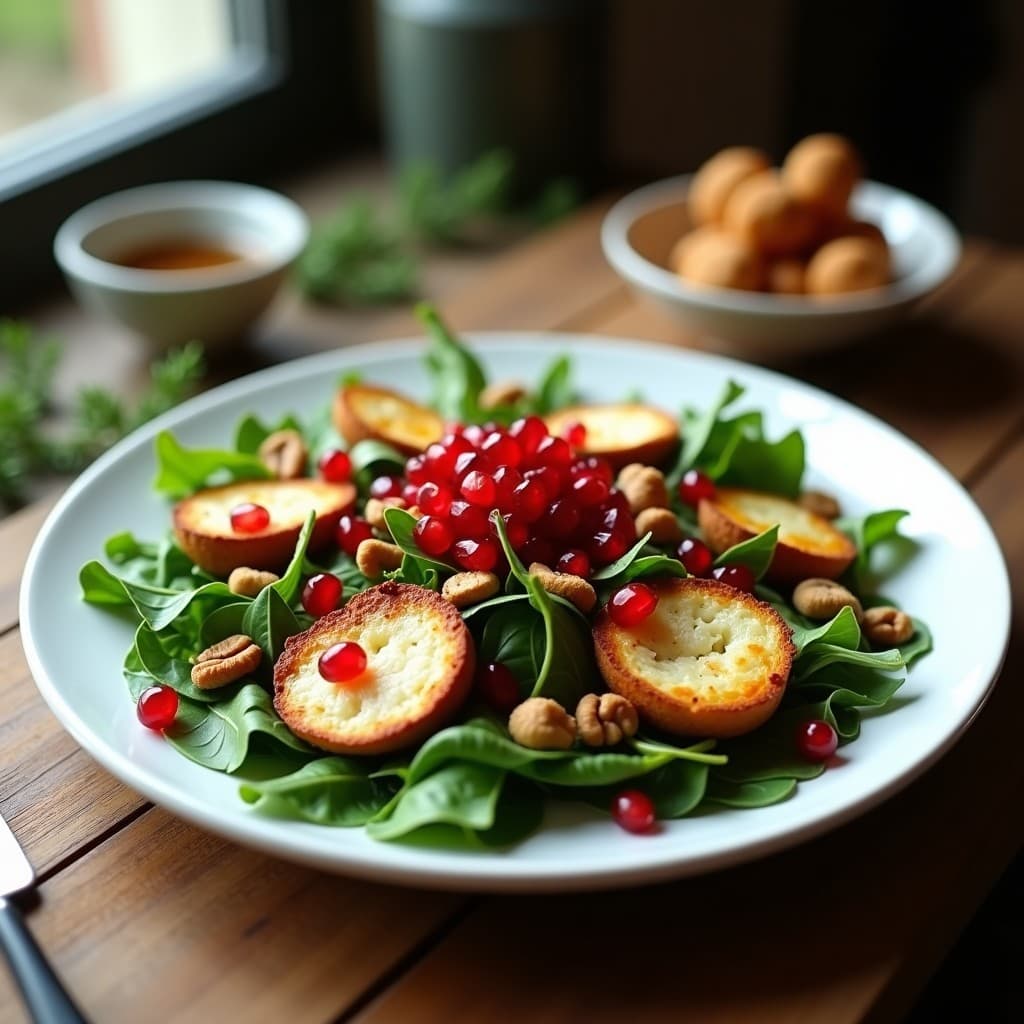 Ensalada fresca de rúcula verde oscura con semillas de granada rojas brillantes, rodajas de queso de cabra doradas y crujientes por fuera, croutons integrales tostados y nueces pecanas picadas. Servida en plato blanco con aliño de miel y vinagre balsámico.