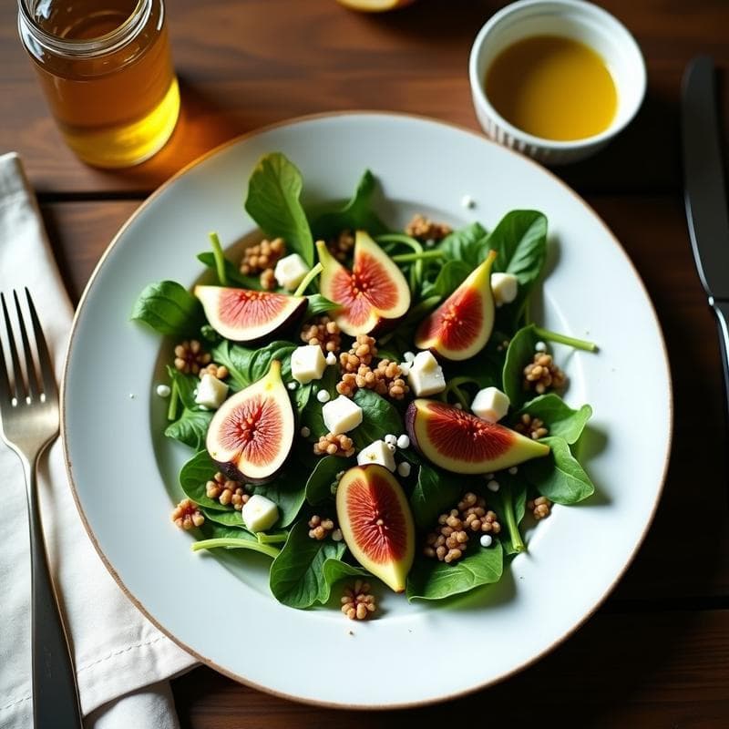 Ensalada francesa elegante con rúcula fresca, higos maduros en cuartos, queso de oveja desmenuzado y nueces tostadas, servida en plato blanco con vinagreta de miel trufada brillante.