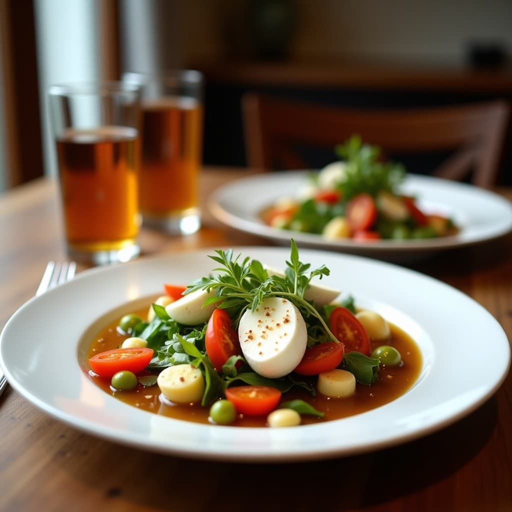 Plato blanco ovalado con ensalada de rúcula fresca, higos enemigos en cuartos, burrata abierta mostrando su corazón cremoso, nueces tostadas y vinagreta de nuez brillante. Decoración con hojas de menta y romero. Receta italiana gourmet.