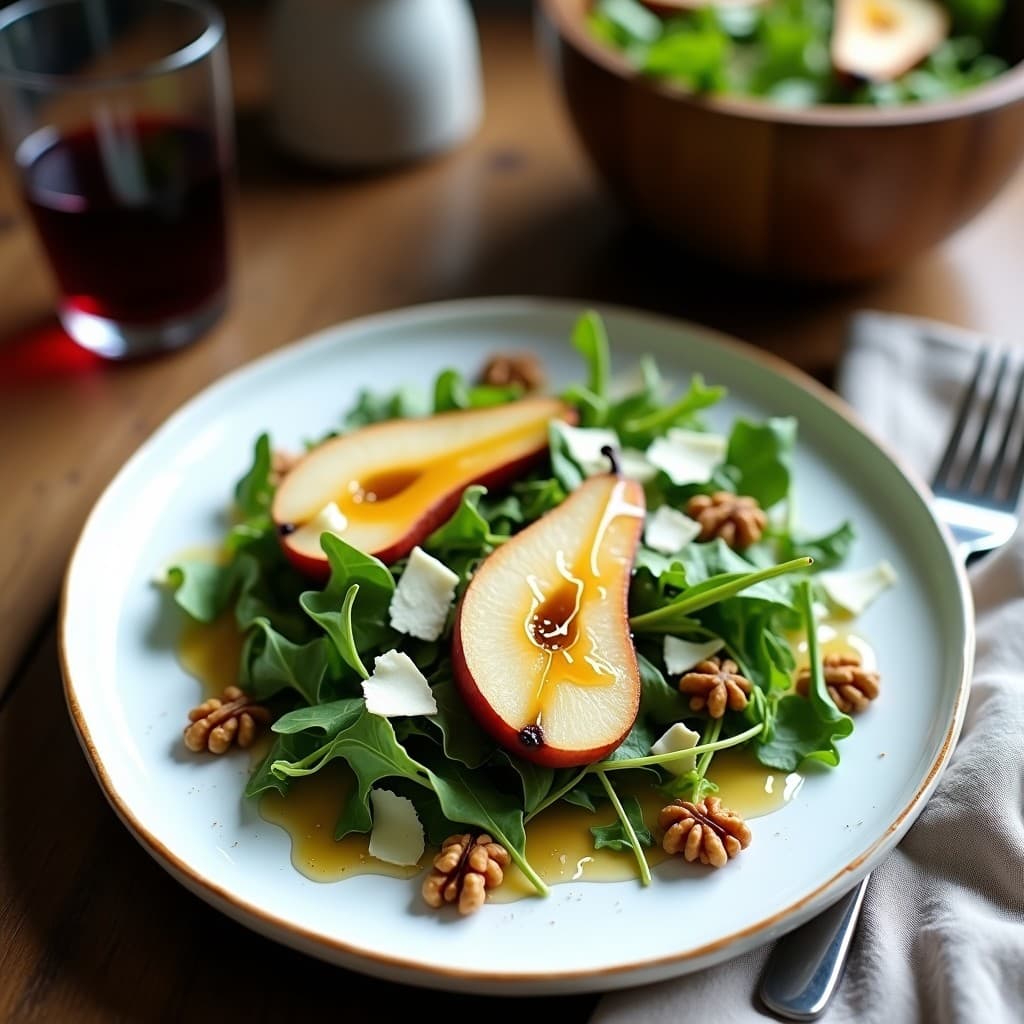 Ensalada de Rúcula, Nuez y Peras al Vino Tinto: Receta Italiana con Vinagreta de Mostaza