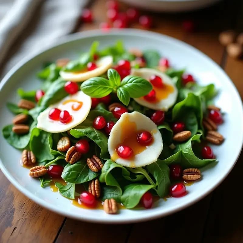Ensalada fresca de rúcula verde intenso con virutas de parmesano blanco, semillas de granado rojo brillante y nueces tostadas, bañada en vinagreta dorada. Plato blanco rústico sobre fondo de madera clara con hojas de albahaca decorativas.