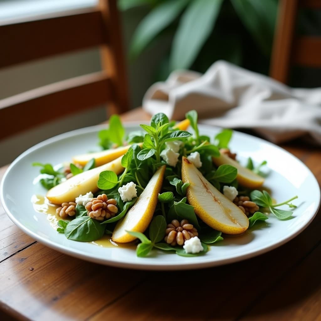 Ensalada italiana baja en calorías con rúcula fresca, láminas de pera Williams, queso gorgonzola cremoso desmenuzado y nueces tostadas, servida en un plato blanco con vinagreta de nueces y decorada con hojas de menta.