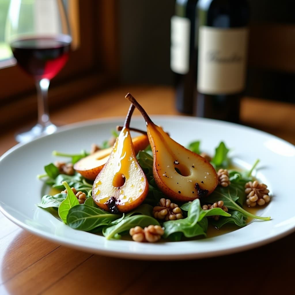 Ensalada italiana gourmet en plato blanco hondo: base de rúcula fresca, cuartos de peras Williams doradas al vino tinto, rodajas de queso de cabra azado con corteza dorada, nueces tostadas troceadas y vinagreta brillante. Fondos difuminados con tonos cálidos y luces naturales.