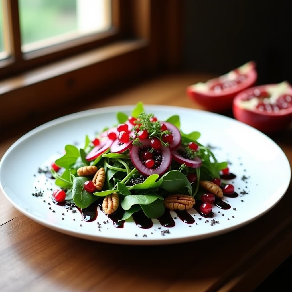 Plato blanco de porcelana con ensalada de rúcula fresca, granos de granada rojos intensos, cebolla morada en juliana, nueces pecanas doradas y aderezo de vinagre balsámico negreado en líneas oscuras. Semillas de amapola y hinojo fresco como decoración final. Receta gourmet de ensalada de rúcula y granada con vinagre balsámico.