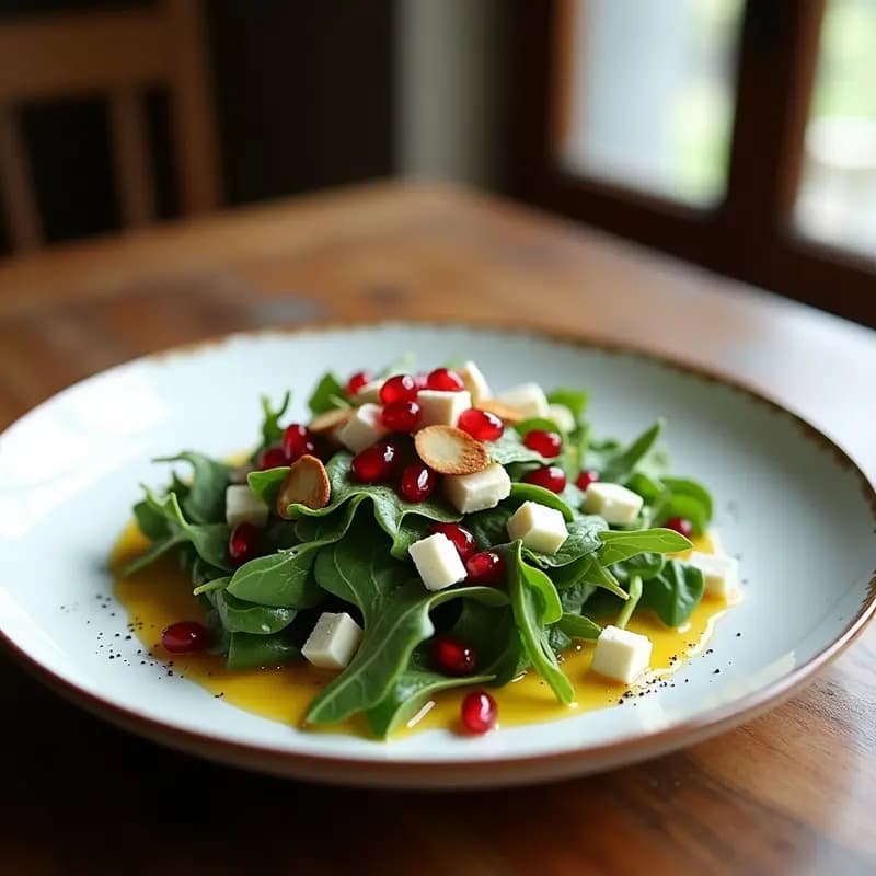 Ensalada gourmet italo-persa en plato blanco alargado: rúcula vibrante, granos de granada rojos intensos, trozos de queso de cabra cremoso y almendras tostadas doradas, con vinagreta dorada de azafrán y decoración de pétalos de rosa comestibles.