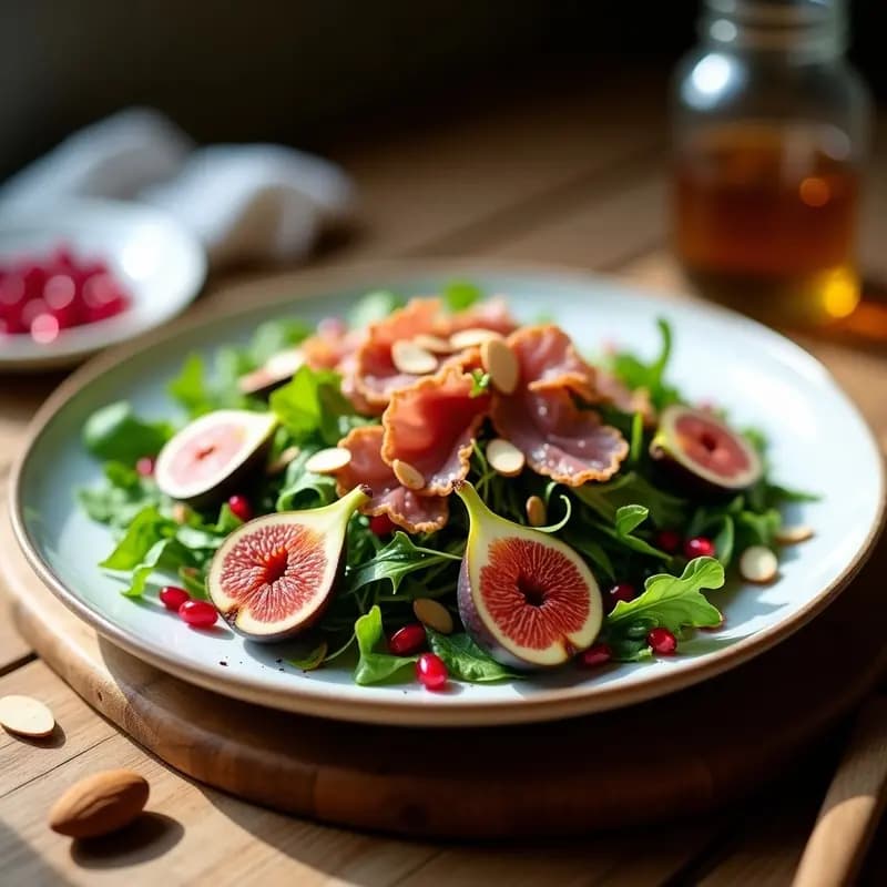 Ensalada fresca de rúcula con higos abiertos en cruz, taquitos de jamón serrano, granos de granada y almendras tostadas, servida en plato blanco rústico con vinagreta dorada. Receta española alta en hierro.