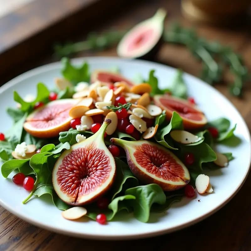 Ensalada gourmet italiana con base de rúcula fresca, higos cortados en cuartos, láminas de jamón serrano, semillas de granado y almendras tostadas, bañada con vinagreta de granado. Presentada en plato blanco con detalles rústicos.