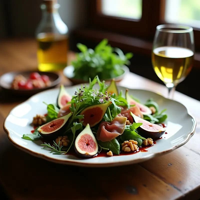 Ensalada italiana de rúcula fresca, higos maduros en cuartos, láminas de prosciutto di Parma y nueces tostadas, servida en un plato blanco con vinagreta de mosto de uva y escamas de parmesano.