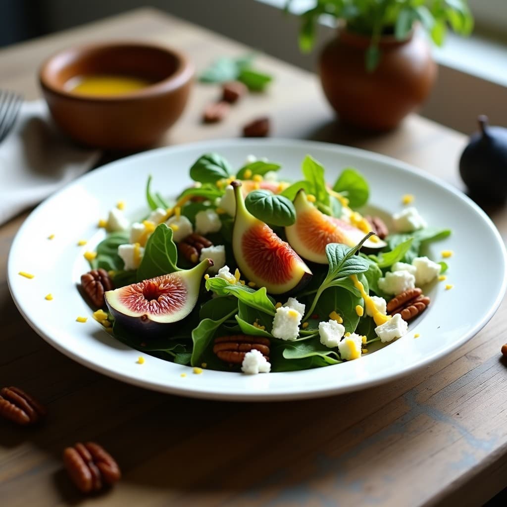 Ensalada griega gourmet de rúcula fresca, higos maduros en cuartos, queso de burra desmenuzado y nueces de pecana tostadas, servida en plato blanco con vinagreta de mostaza Dijon y decorada con hojas de menta.