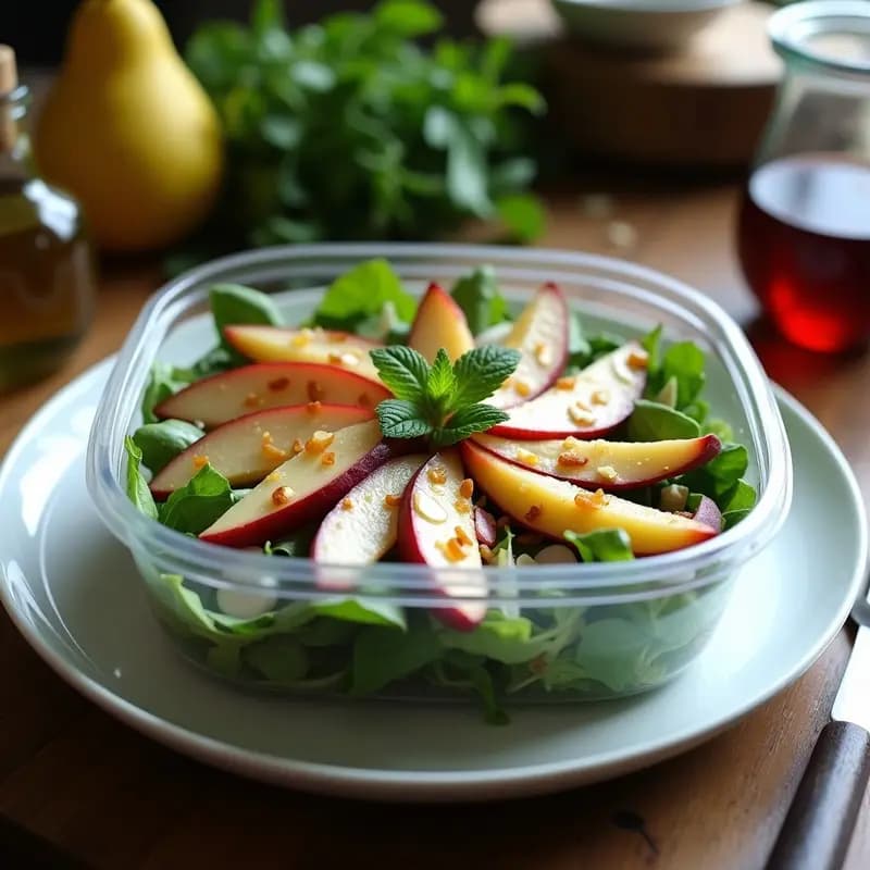 Ensalada griega para tupper con rúcula fresca, peras al vino tinto en gajos dorados, queso de oveja ahumado en láminas blancas y almendras tostadas, decorada con hojas de menta y cebolla morada en juliana sobre fondo rústico de madera.