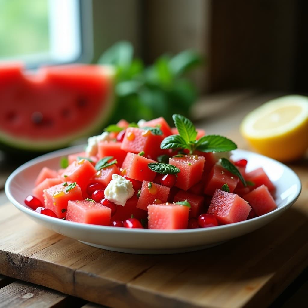 Ensalada de sandía y queso feta griega en plato blanco, con trozos de sandía roja, feta desmenuzada, semillas de granada y hojas de menta fresca, bañada en vinagreta dorada. Receta refrescante con toque griego y mentolado.