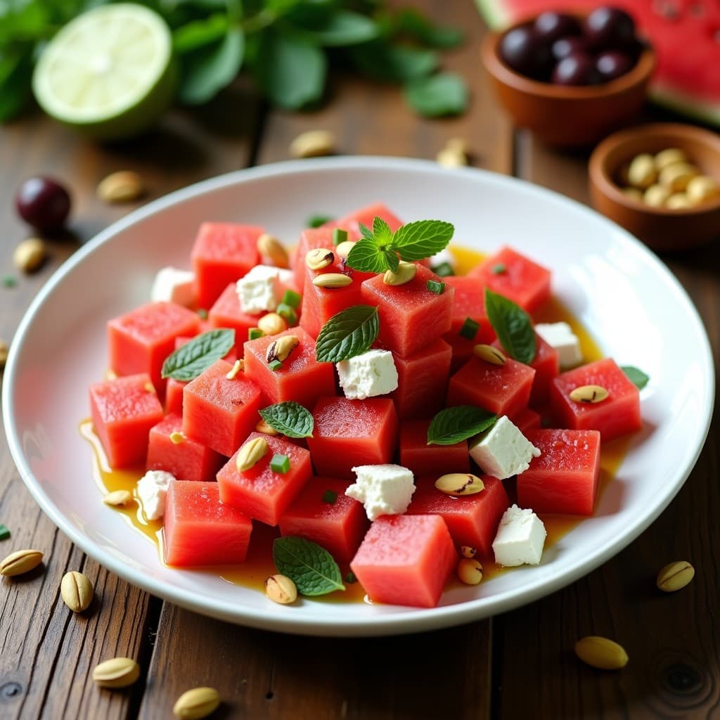 Ensalada mediterránea refrescante de sandía en cubos, queso feta desmenuzado, cebolla morada, pepino y almendras tostadas, bañada en vinagreta de lima y decorada con hojas de menta fresca sobre un plato blanco rústico.