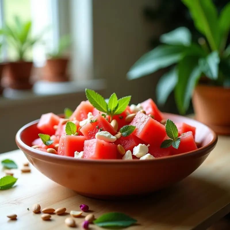 Ensalada fresca de sandía en cubos, queso feta desmenuzado y hojas de menta verde, bañada en una vinagreta cremosa de yogur griego. Plato blanco sobre mesa de madera con fondo de luz natural, ideal para verano.