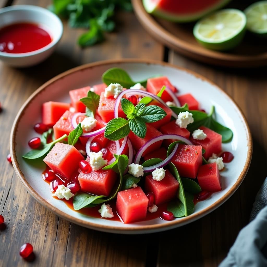 Ensalada griega fresca con cubos de sandía roja, trozos de feta vegana blanca, hojas de rúcula, cebolla morada en juliana y semillas de granada rojas brillantes. Vinagreta de granada vertida sobre el plato, decorado con hojas de menta. Plato blanco sobre fondo rústico de madera con luz natural.