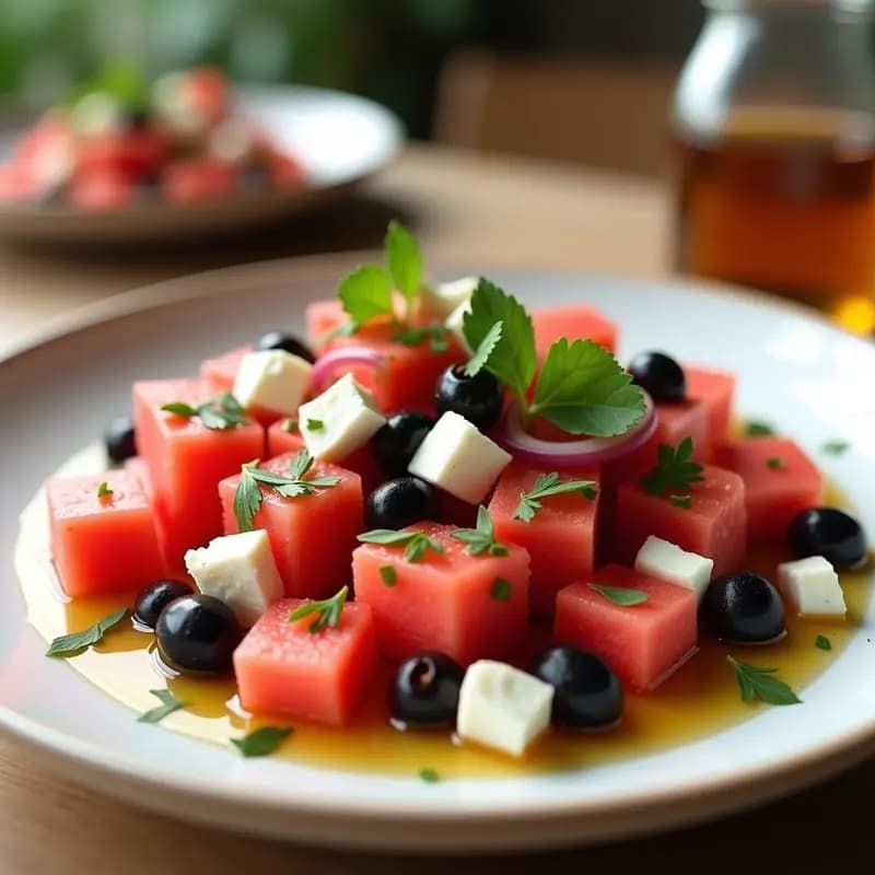 Ensalada pers de sandía en cubos, queso feta desmenuzado y aceitunas negras Kalamata sobre un plato blanco rústico, con cebolla morada encurtida y perejil fresco. Vinagreta dorada con miel de tomillo brillando sobre los ingredientes, fondo de madera clara con luz natural.