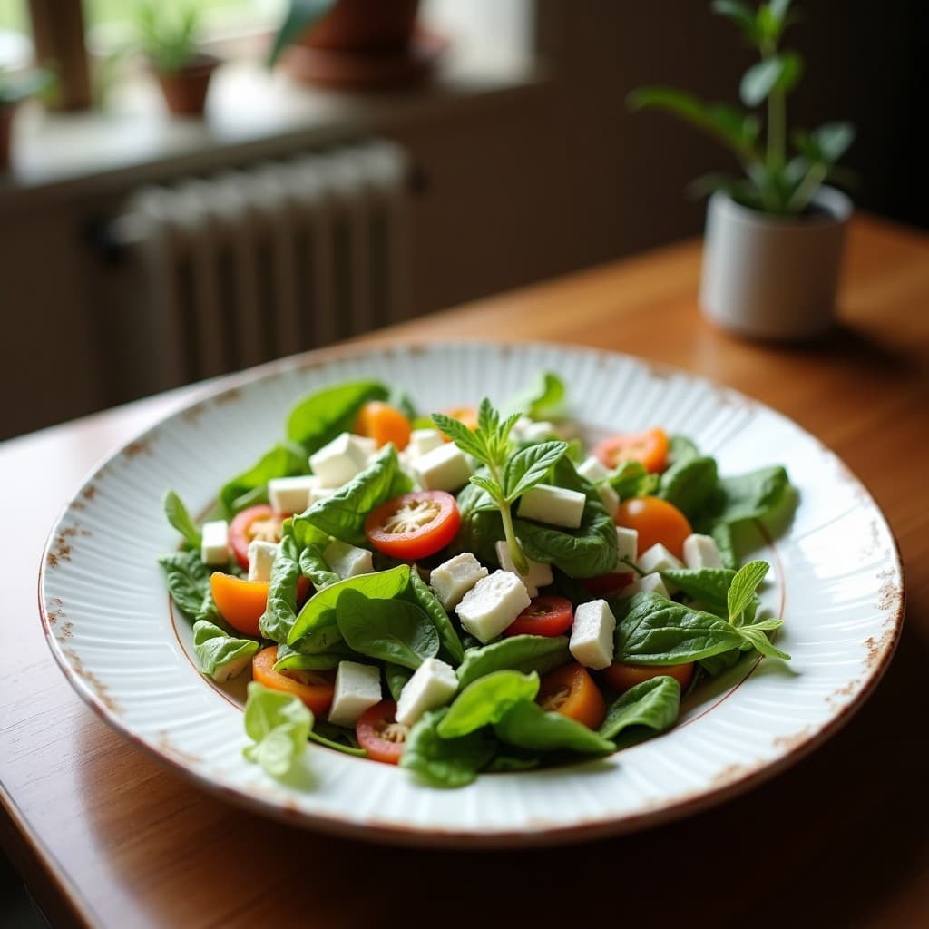 Ensalada griega fresca de sandía en cubos, queso feta desmenuzado y hojas verdes de mentha, decorada con pistachos tostados y cáscara de limón confitado sobre un plato blanco rústico.