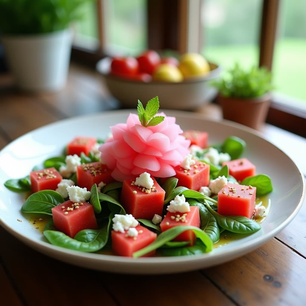Ensalada Tesalónica Refresh con base de rúcula fresca, cubos de sandía jugosa, trozos de queso feta desmenuzado y un montículo central de algodón de azúcar de sandía rosado. Decorada con semillas de sésamo, hojas de menta y una ramita de acementas, bañada en una vinagreta brillante de color verde claro.