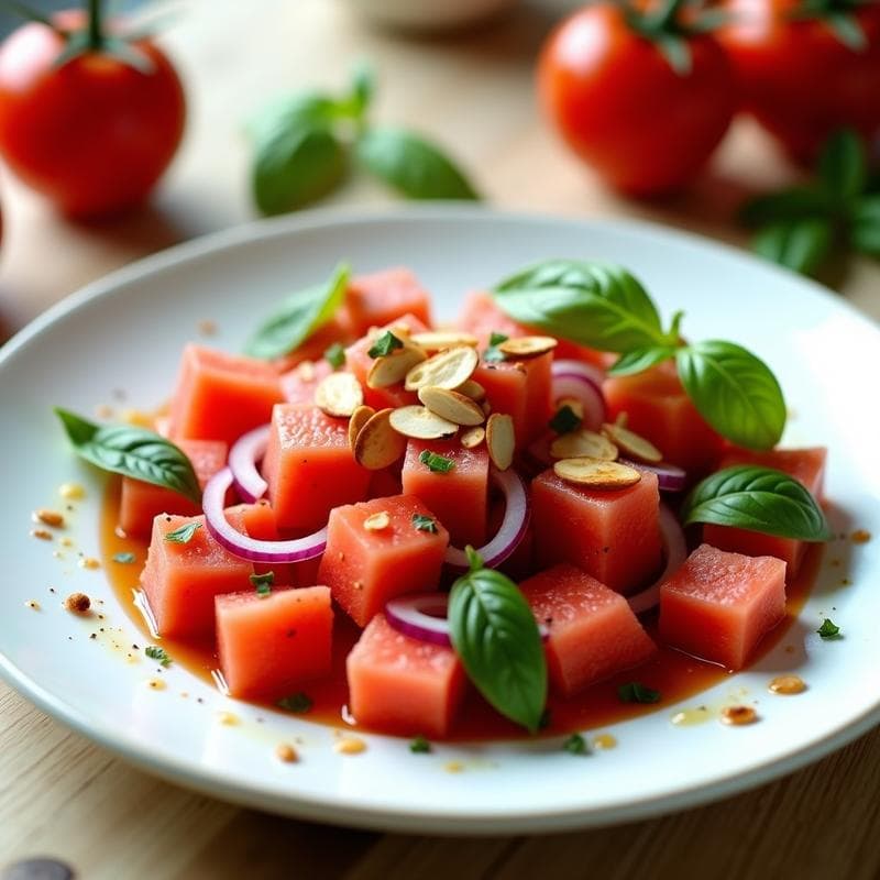 Ensalada italiana refrescante de sandía y tomate pera en cubos, con vinagreta de albahaca y balsámico, decorada con almendras tostadas y cebolla morada en juliana sobre un plato blanco rústico con fondo de madera clara.