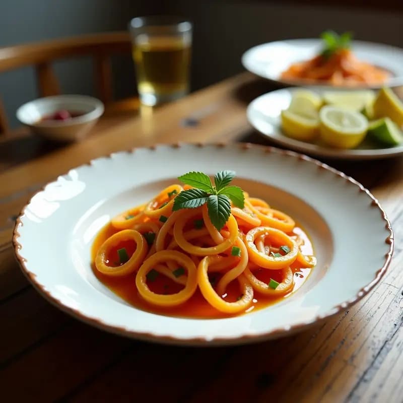Ensalada Shirazi iraní en bol de cerámica blanca con trozos de naranja sanguina, pepino, tomate, cebolla morada y menta fresca, aliñada con aceite de oliva y semillas de sésamo, sobre fondo de madera rústica.