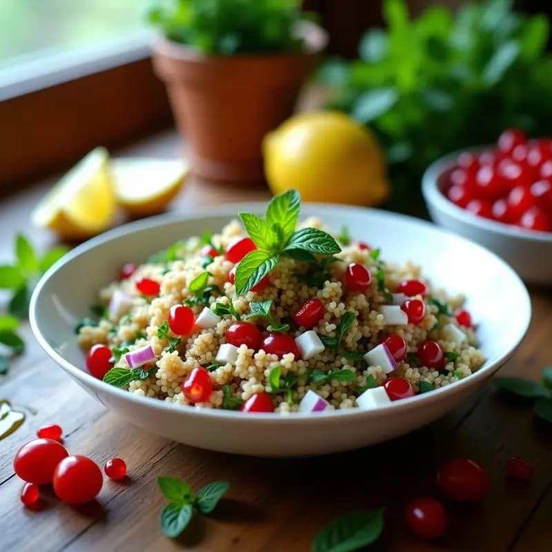 Ensalada tabbouleh de bulghur y hierbas con granada servida en un bol de cerámica blanca, con granos de granada rojos brillantes, hierbas verdes frescas y un aderezo dorado de aceite de oliva y limón. Plato fresco y colorido típico libanés.