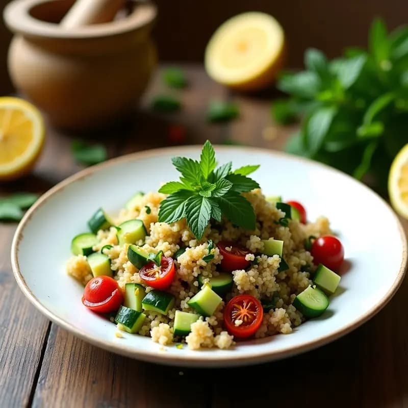 Ensalada tabbouleh con bulghur y tomates secos servida en un bol de cerámica blanca, con hierbas frescas, semillas de granada y almendras tostadas. Receta libanesa rica en fibra.
