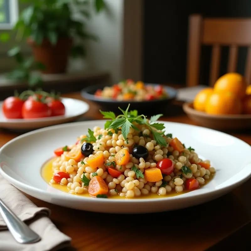 Ensalada tabbouleh con granadas y naranjas en un bol de cerámica blanca, con granos de granada rojos brillantes, segmentos de naranja sanguina y hierbas verdes frescas, decorada con almendras fileteadas y semillas de sésamo.