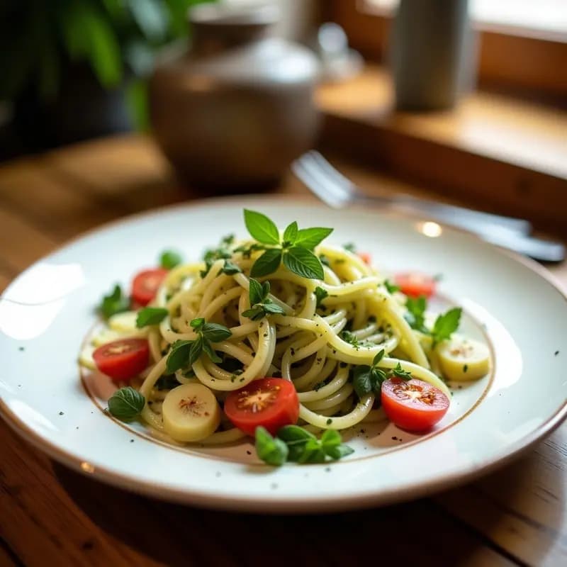 Ensalada de tabulé libanesa en un bol de barro blanco, con granos de granada rojos brillantes, hojas de menta fresca y semillas de sésamo espolvoreadas. Fondos verdes y texturas frescas que destacan la receta vegana de tabulé con granada y mentolado.