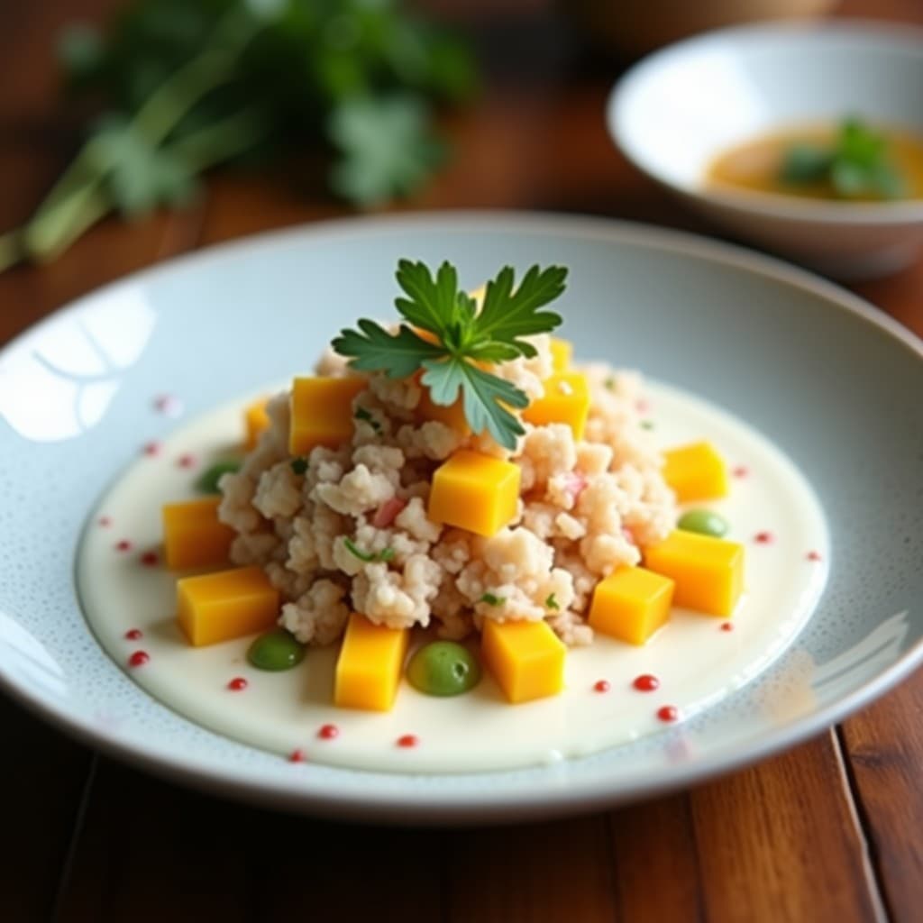 Ensalada temaki brasilera desmontada con tiras de mango verde, cangrejo marinado en leche de coco, pimiento rojo, cebolla morada y cilantro fresco sobre hojas de lechuga morada. Decorada con semillas de sésamo y alga nori en un plato blanco rústico.