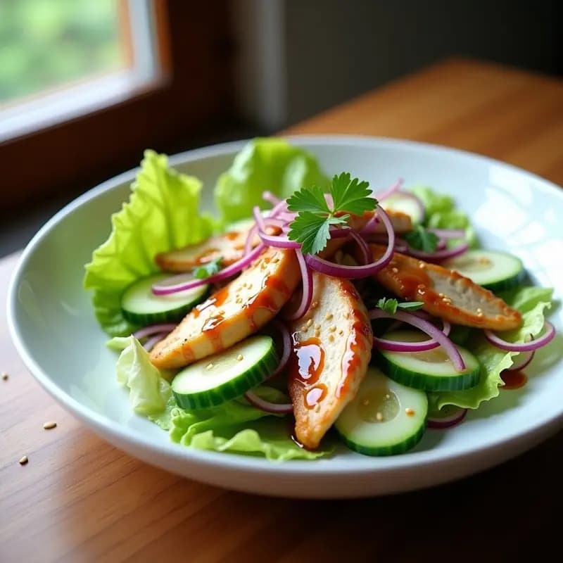 Plato hondo blanco con ensalada tepanyaki de pollo: tiras de pollo dorado, rodajas de pepino, cebolla morada y semillas de sésamo sobre hojas de lechuga romana, acompañada de salsa brillante.