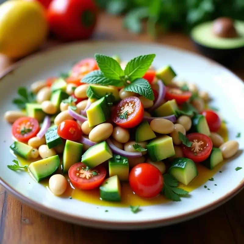 Ensalada vibrante de frijol tepary con pepino, tomate cherry, cebolla morada y aguacate en cubos, decorada con hierbas frescas de cilantro y menta sobre un plato blanco rústico.