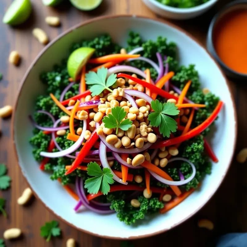 Ensalada tailandesa de col rizada morada y verde con zanahoria rallada, pimiento rojo en juliana, cacahuetes tostados y cilantro fresco, servida en un bol de cerámica blanca con aliño cremoso de cacahuete y coco.