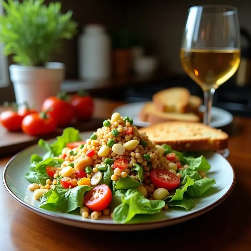 Ensalada tailandesa colorida con pan frito dorado, pollo en tiras, huevo duro, zanahoria rallada, pepino y cacahuetes, servida en un bol hondo con hierbas frescas.