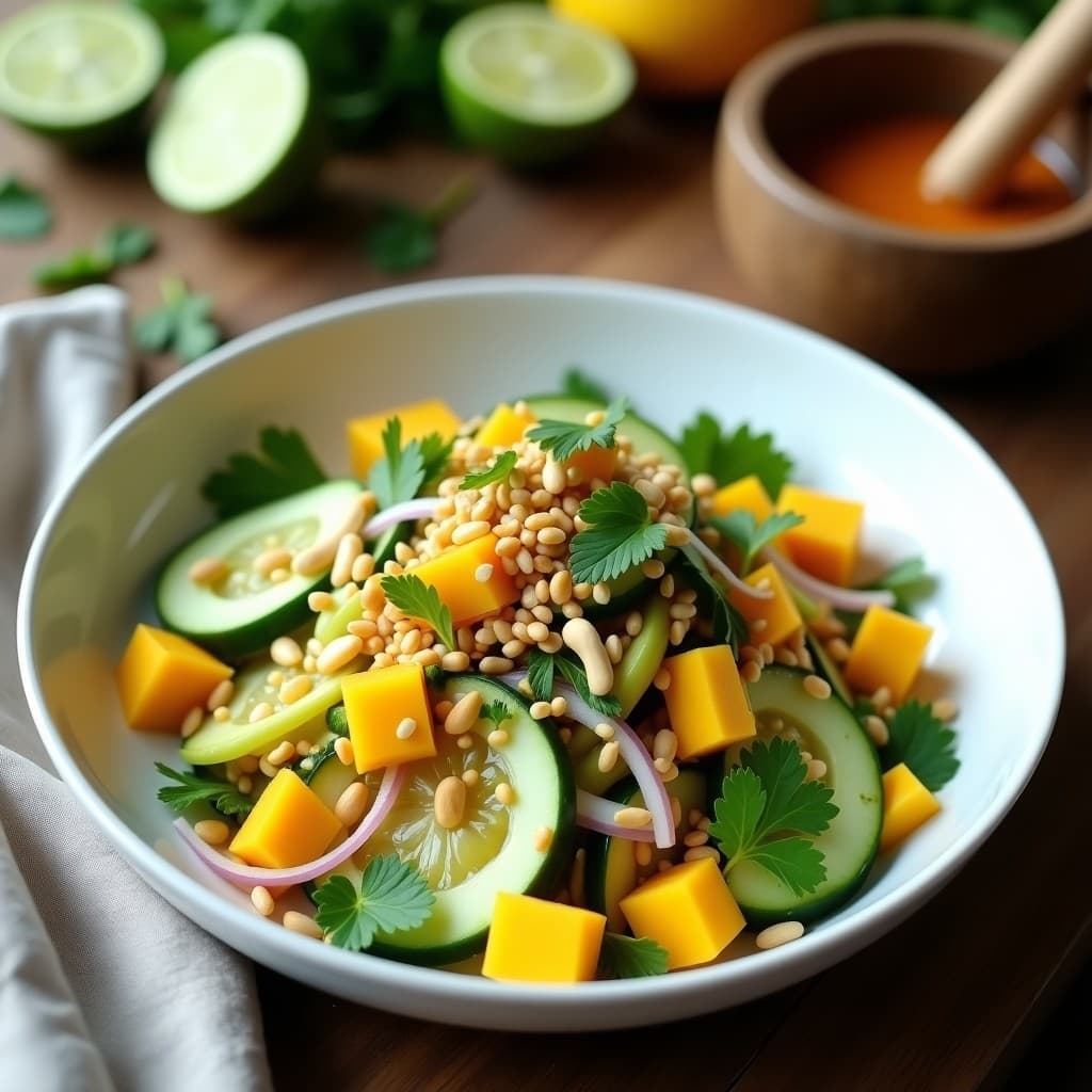 Ensalada tailandesa colorida en un bol blanco con pepino en medias lunas, cubos de mango dorado, cebolla morada y hierbas frescas, espolvoreada con semillas de sésamo y cacahuetes, servida con una vinagreta amarilla de cúrcuma y zaatar.