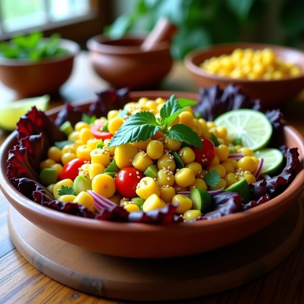 Ensalada Tía Julia con Palta y Maíz peruana servida en bol de barro: granos de maíz amarillo, cubos de palta Hass, tomate rojo, cebolla morada y cilantro, bañados en vinagreta de ají amarillo, sobre hojas de lechuga morada y espolvoreados con semillas de sésamo.