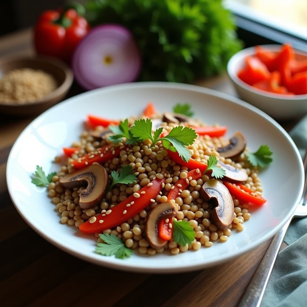 Ensalada tibetana de cebada y hongos shitake en un bol de cerámica blanca, con semillas de sésamo y cilantro fresco, servida sobre una mesa de madera rústica.