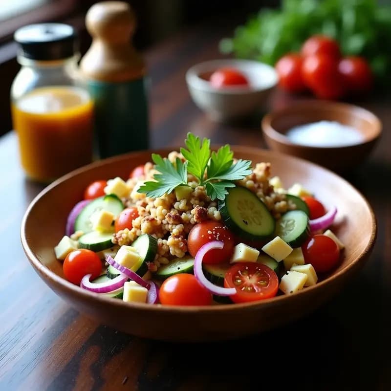Ensalada tibetana Makye Amdo en bol de madera con queso yak en cubos, tomates cherry, pepino, cebolla morada, cilantro fresco y nueces tibetanas, aliñada con aceite de mostaza y especias del Himalaya.