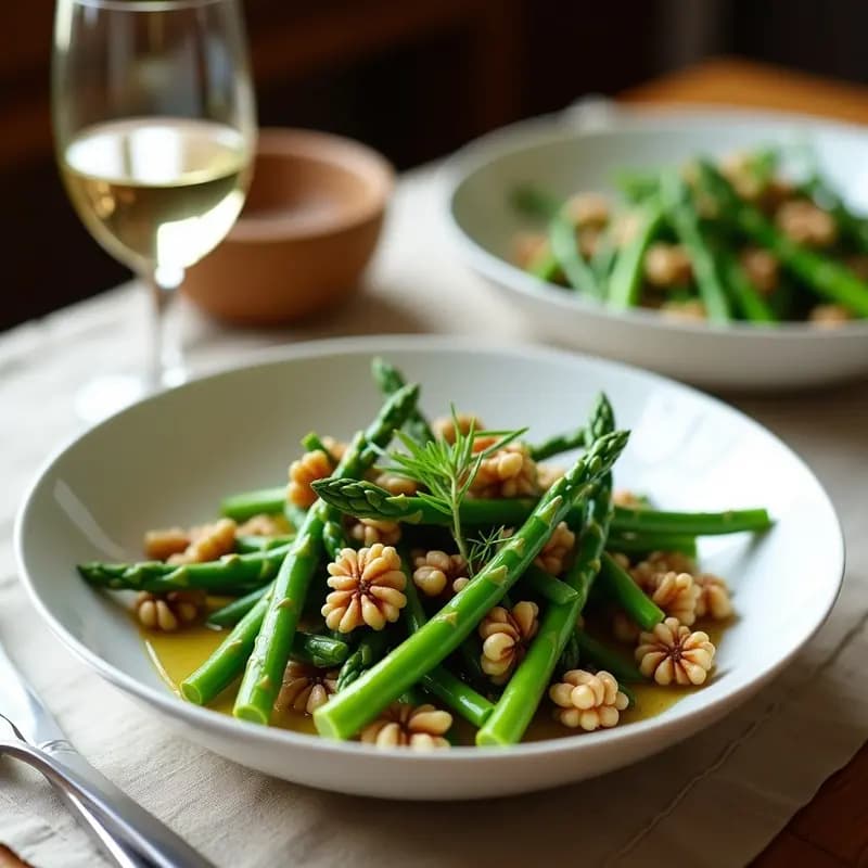 Ensalada tibia de espárragos verdes cortados en trozos, nueces tostadas picadas y vinagreta de mosto, servida en una fuente de cerámica blanca con cebollino fresco espolvoreado, sobre un mantel de lino rústico.