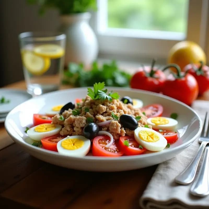 Ensalada fresca de verano con tomates pera en gajos, atún desmenuzado, huevo duro en cuartos, cebolla morada en juliana y aceitunas negras, todo aliñado con aceite de oliva y decorado con perejil. Plato blanco sobre fondo rústico de madera.