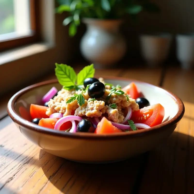 Ensalada murciana fresca en bol de barro con tomates rojos en gajos, cebolla morada en juliana, atún desmenuzado, huevo duro en cuartos, aceitunas negras y perejil picado, aliñada con aceite de oliva.