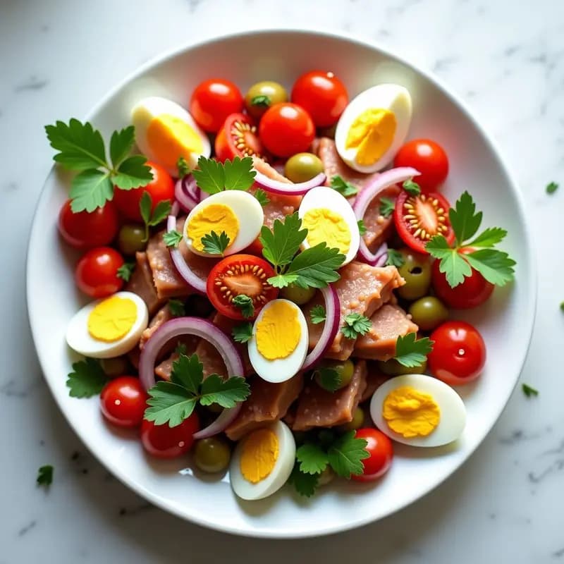 Ensalada fresca de tomate pera en gajos, ventresca de atún desmenuzada, huevos duros en cuartos, cebolla morada, pimiento verde y aceitunas verdes, aliñada con aceite de oliva y perejil. Plato colorido y apetecible sobre fondo blanco.