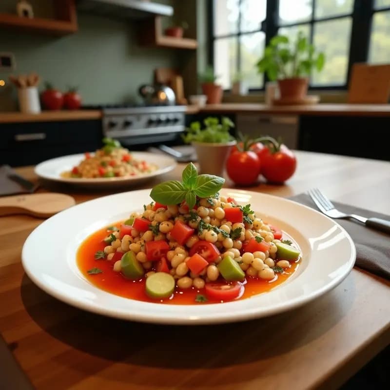 Ensalada fresca de tomate pera en gajos, rodajas de pepino español, ventresca de atún desmenuzada y aceitunas verdes, servida en un bol blanco con vinagreta de pimentón dulce y perejil picado. Plato colorido y apetitoso, ideal para verano.
