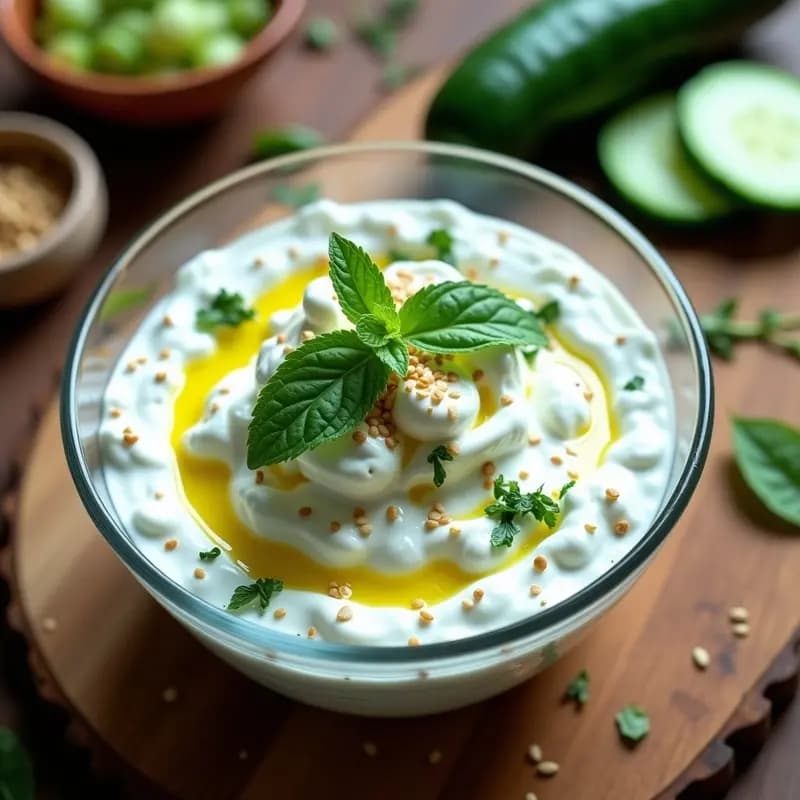 Bol transparente con ensalada tzatziki vegana de pepino y yogur de soja, decorada con semillas de sésamo, menta fresca y un hilo de aceite de oliva sobre fondo de madera rústica.