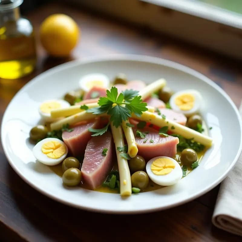 Ensalada andaluza fresca con trozos de ventresca de atún, espárragos blancos, huevo duro, aceitunas verdes y cebolla morada, aliñada con vinagreta de limón y decorada con perejil.