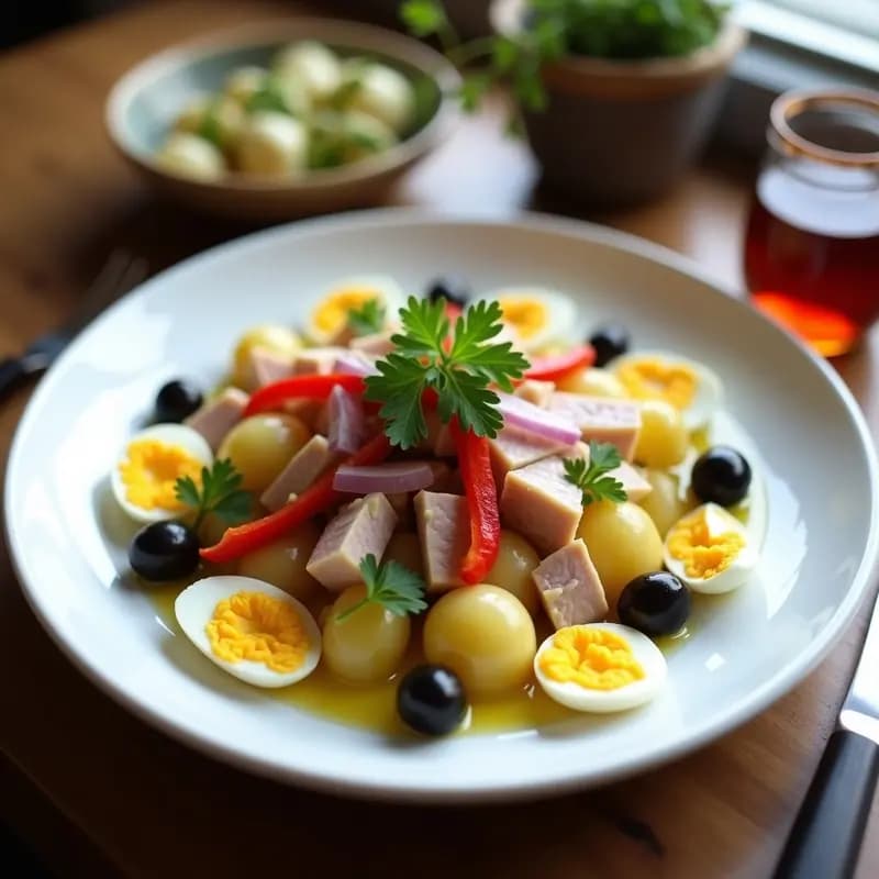 Ensalada fresca de verano en plato hondo blanco con ventresca de atún desmenuzada, patatas cocidas en cubos, huevo duro en cuartos, pimientos asados en tiras, cebolla morada y aceitunas. Decorada con perejil fresco y aliñada con vinagreta dorada.
