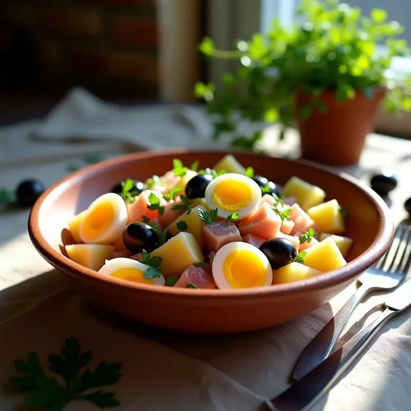 Ensalada catalana de Pascua con ventresca de atún, patatas cocidas en trozos, huevos duros en cuartos, cebolla morada en juliana, aceitunas negras y perejil fresco, servida en un bol hondo de barro con vinagreta de aceite de oliva y vinagre de Jerez.