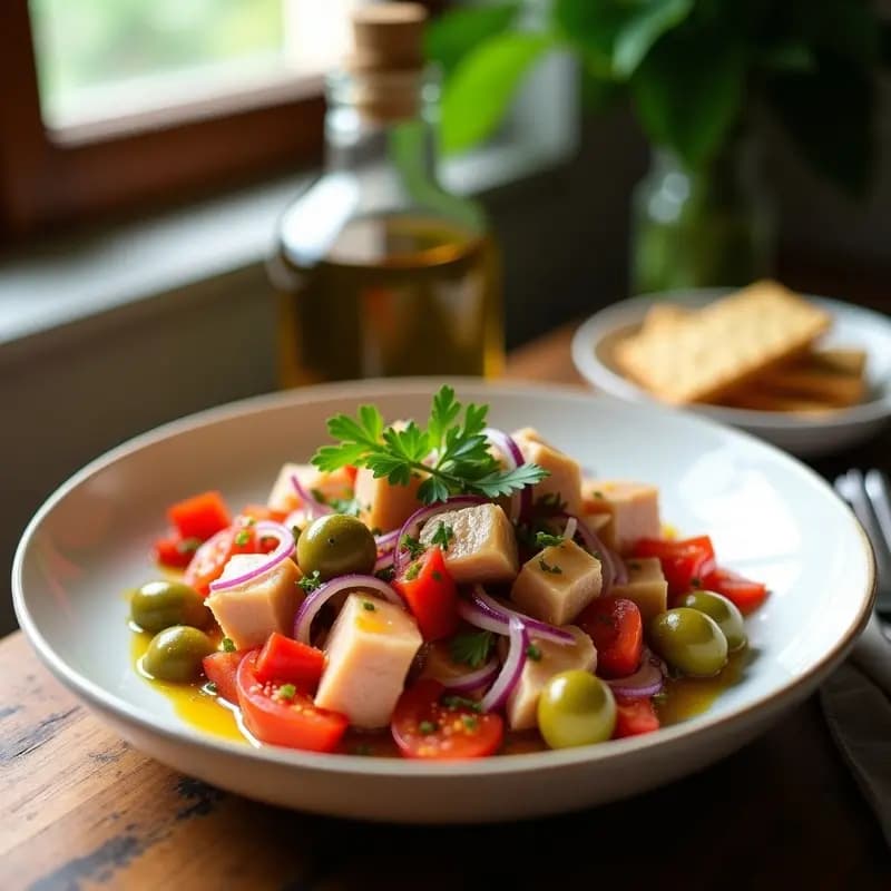 Ensalada fresca de verano con trozos de ventresca de atún, tiras de pimientos asados rojos y verdes, aceitunas verdes rellenas de anchoa, cebolla morada y tomate, todo aliñado con aceite de oliva y vinagre de Jerez, servida en un bol blanco con perejil fresco espolvoreado.