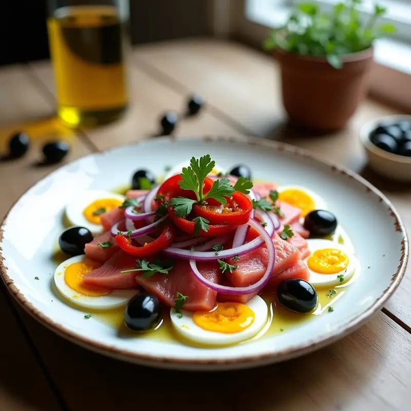 Ensalada vasca gourmet de ventresca de atún desmenuzada y pimientos del piquillo asados en tiras, con cebolla morada, aceitunas negras y huevo duro picado, aliñada con aceite de oliva y perejil fresco sobre un plato blanco rústico.