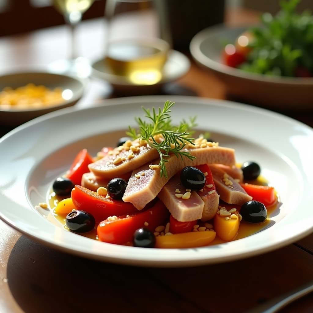 Ensalada gourmet española en plato blanco hondo: ventresca de atún desmenuzada, tiras de pimientos rojos y del piquillo asados, cebolla morada, aceitunas negras y almendras fileteadas, bañada en vinagreta dorada de azafrán. Decorada con hinojo fresco y hebras de azafrán.
