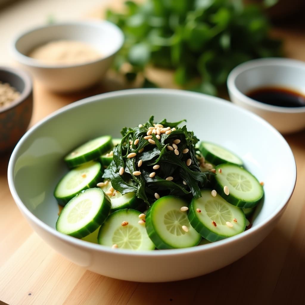 Ensalada japonesa de pepino watakushi en rodajas finas, algas nori en tiras negras, semillas de sésamo blanco y negro, con aderezo cremoso de pasta de sésamo. Servida en un bol de cerámica blanca sobre fondo de madera clara, decorada con cebollino fresco y ralladura de lima.