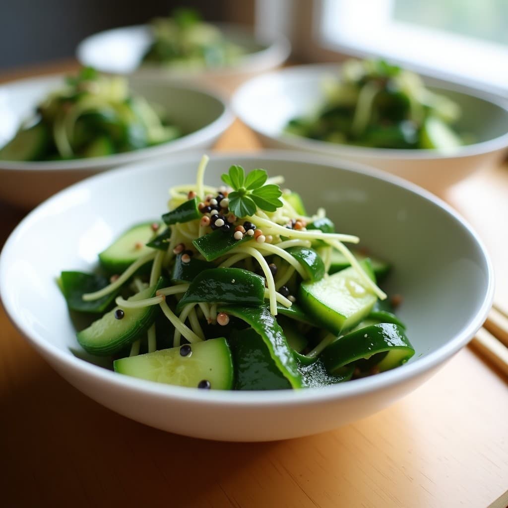 Ensalada fresca de Watakushi (alga japonesa verde oscura) con rodajas finas de pepino, semillas de sésamo negro y blanco, aderezo brillante y copos de alga nori. Plato servido en cuenco de madera con fondo de hojas verdes, receta vegana alta en yodo.